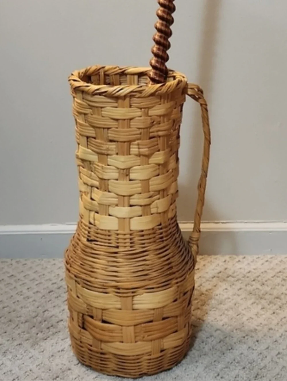 Tall Vintage Woven Wicker Basket Pitcher Vase With Handle - Natural Brown